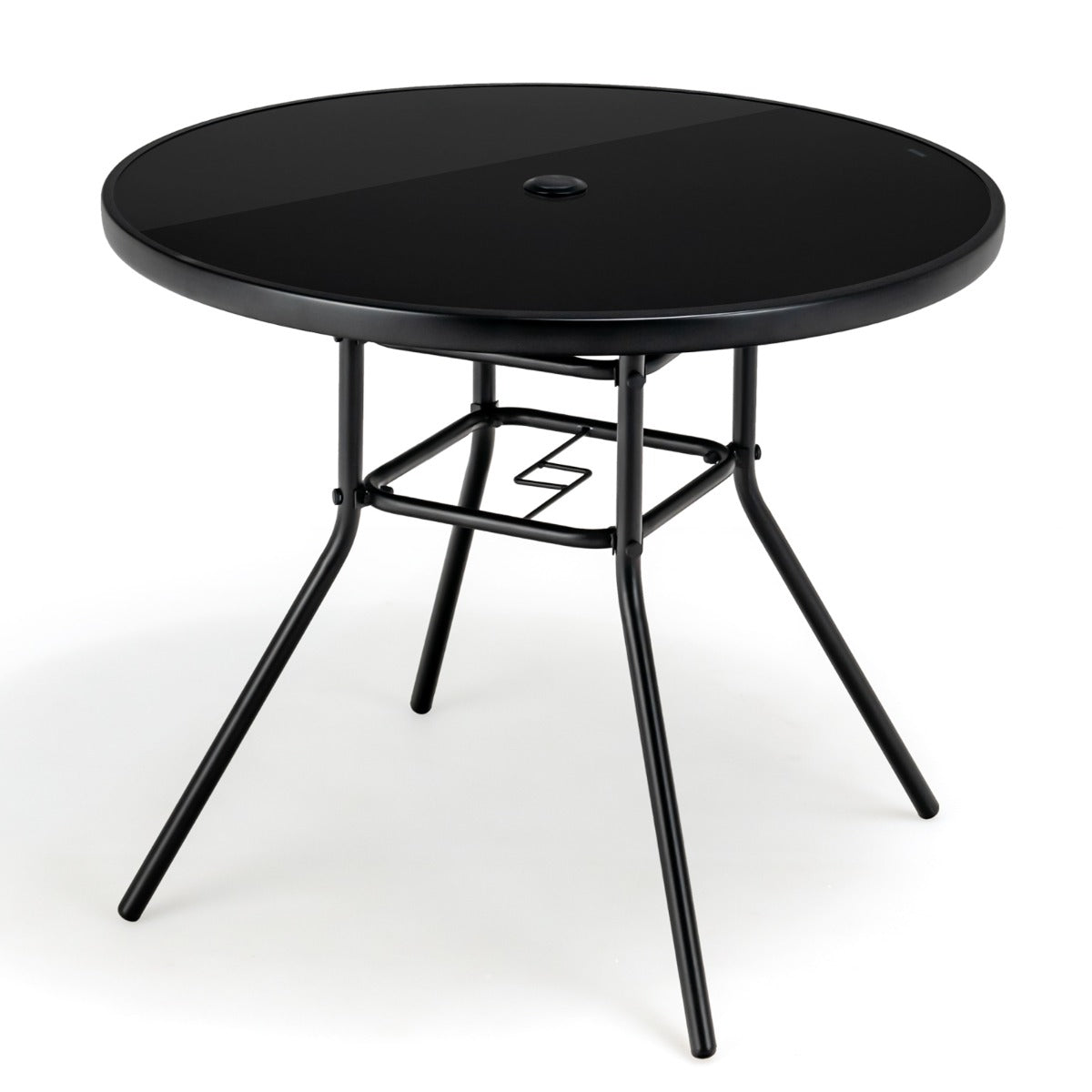 LIVSK Ronde Terrastafel - 86 cm - Parasolgat - Weerbestendig Geharde Glas - Voor 4 Personen - Zwart