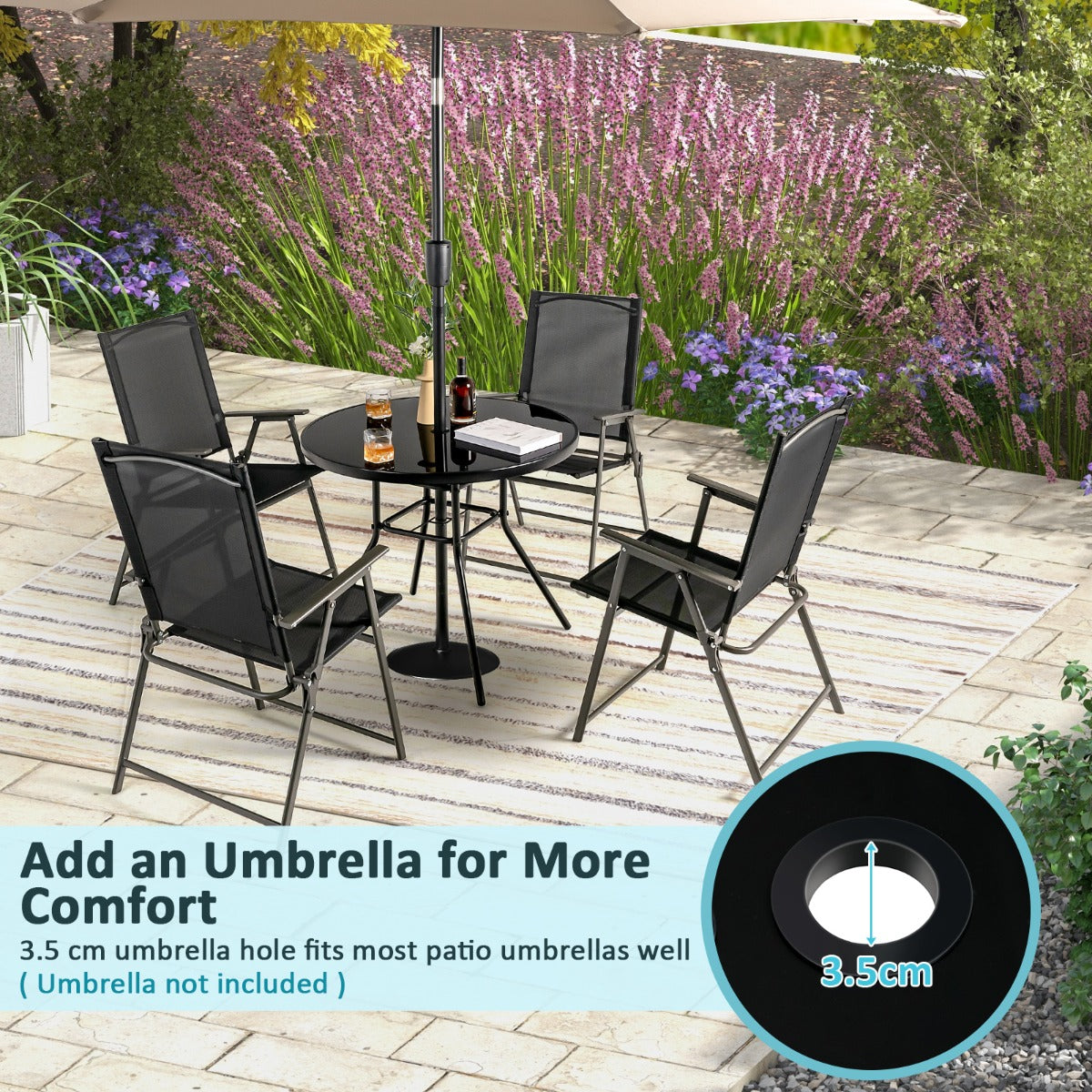 LIVSK Ronde Terrastafel - 86 cm - Parasolgat - Weerbestendig Geharde Glas - Voor 4 Personen - Zwart