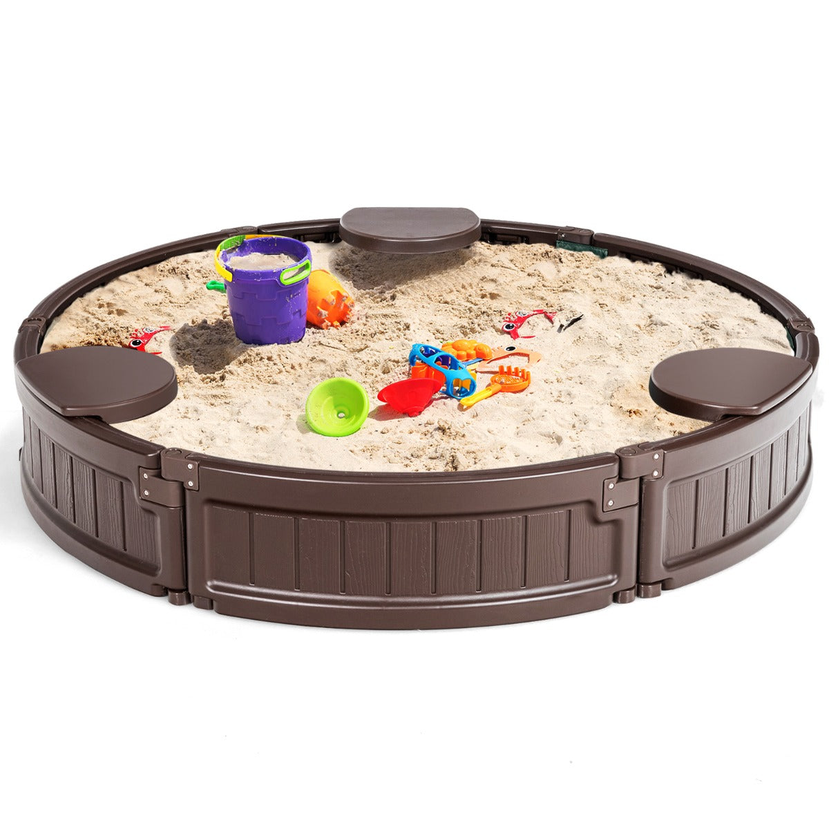 LIVSK Zandbak 120 x 120 x 21 cm - Weerbestendig HDPE - Ingebouwde Stoeltjes - Voor Kinderen tot 3 Jaar - Bruin