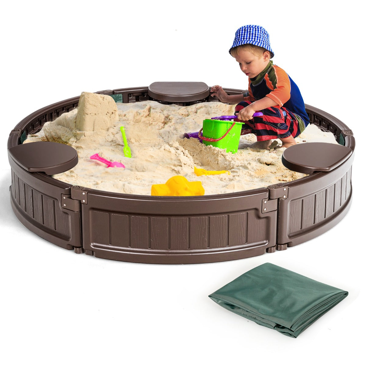 LIVSK Zandbak 120 x 120 x 21 cm - Weerbestendig HDPE - Ingebouwde Stoeltjes - Voor Kinderen tot 3 Jaar - Bruin