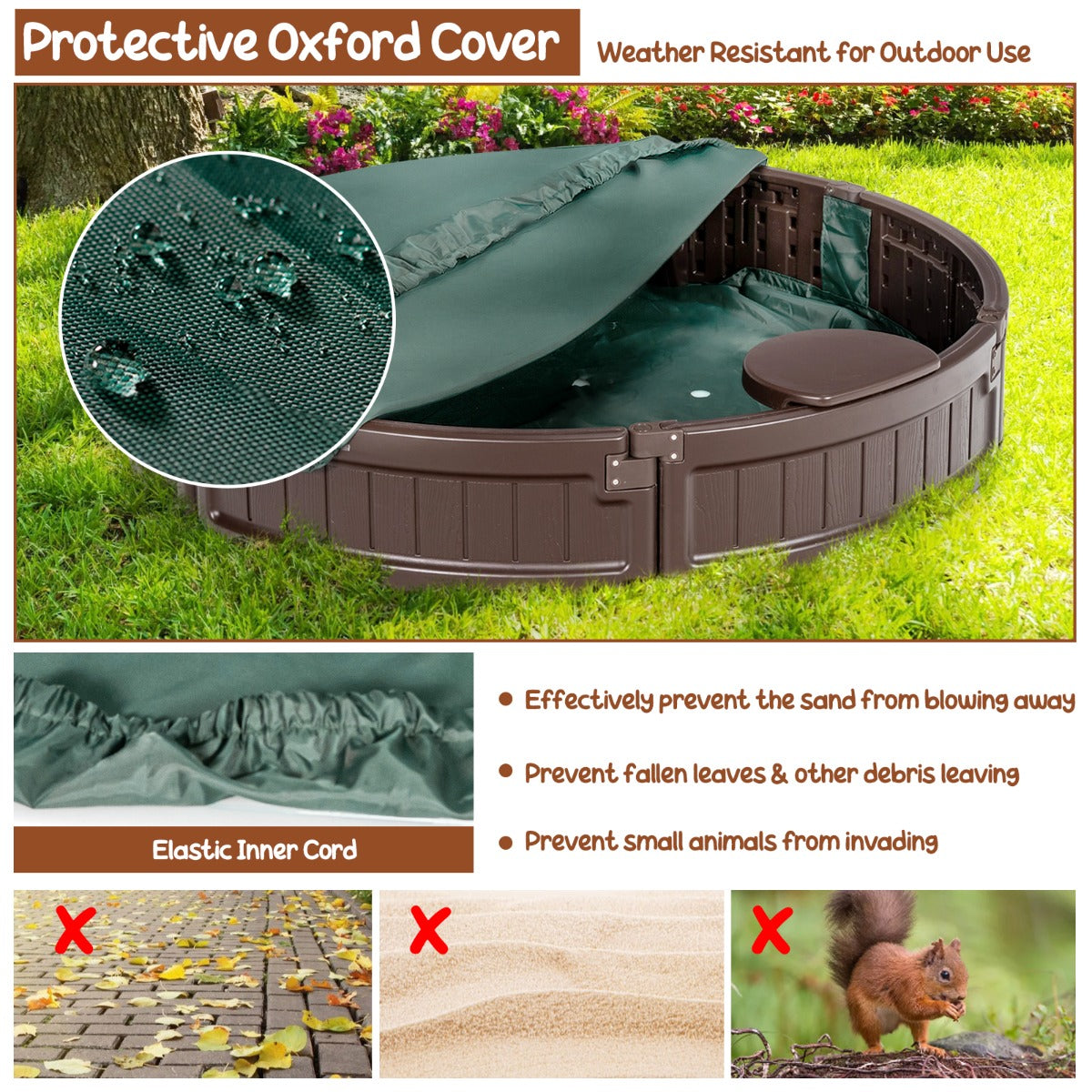 LIVSK Zandbak 120 x 120 x 21 cm - Weerbestendig HDPE - Ingebouwde Stoeltjes - Voor Kinderen tot 3 Jaar - Bruin