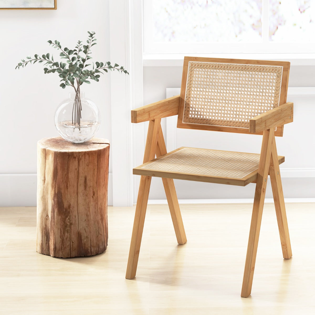 LIVSK Rotan Accentstoelenset van 2 - Bamboe en Kunstrotan - Ergonomische Rugleuning - Antislip - Eenvoudige Montage - Natuurlijk