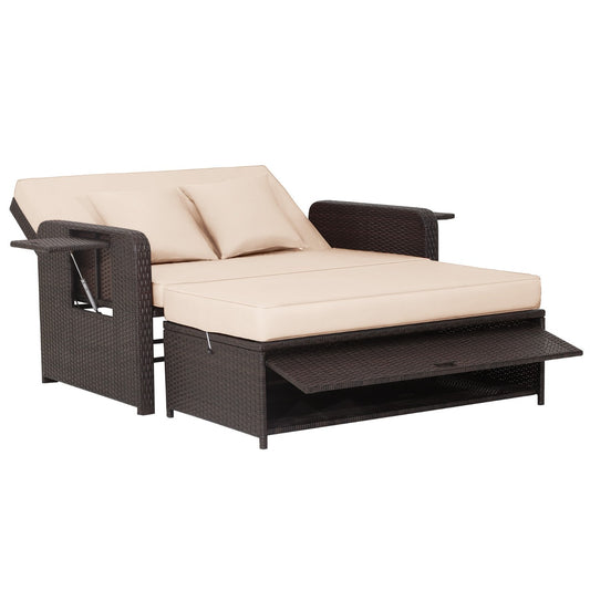 LIVSK 2-delige Loungeset met Verstelbare Rugleuning - Multifunctionele Poef - Uittrekbare Zijtafels - Gemengd Bruin - Beige
