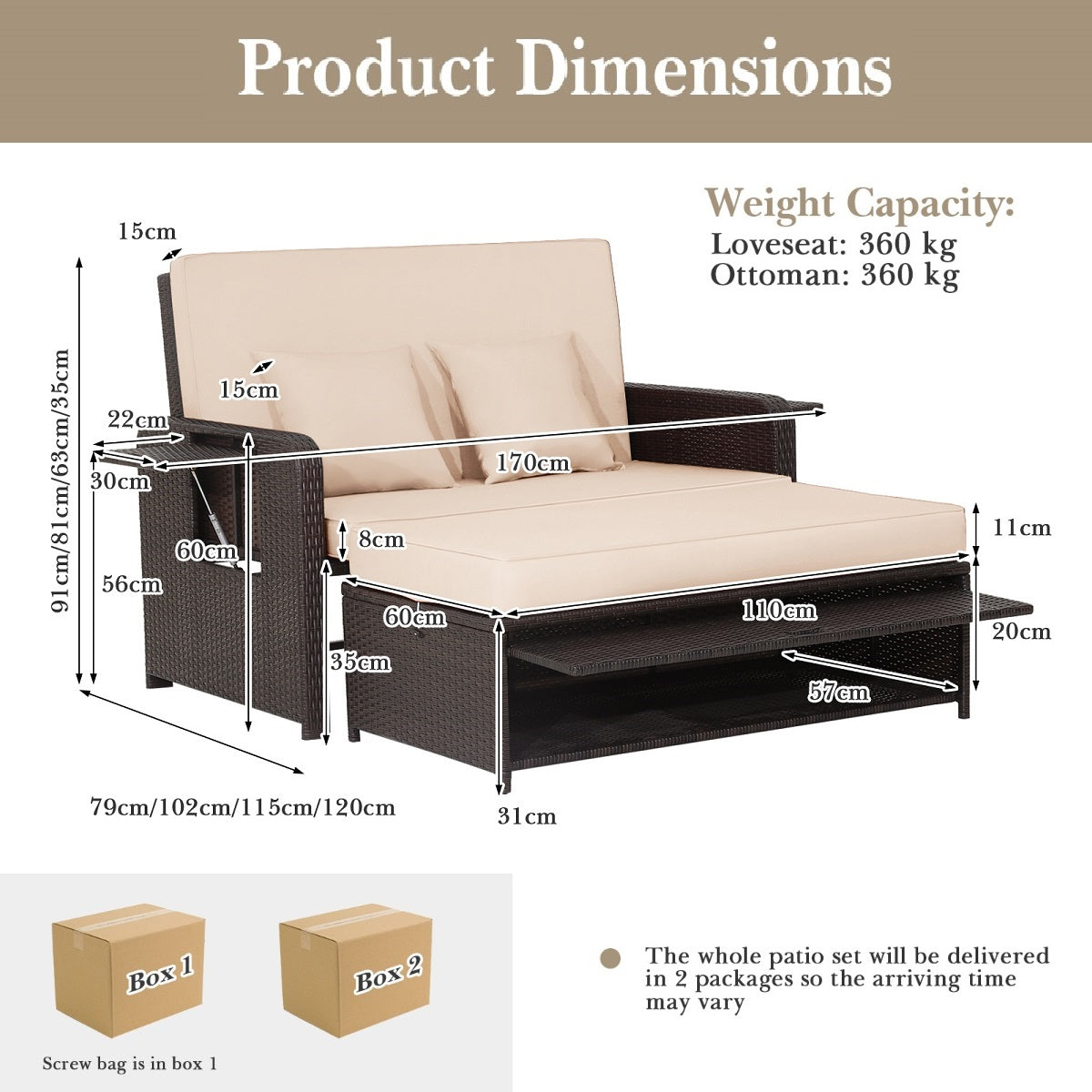 LIVSK 2-delige Loungeset met Verstelbare Rugleuning - Multifunctionele Poef - Uittrekbare Zijtafels - Gemengd Bruin - Beige