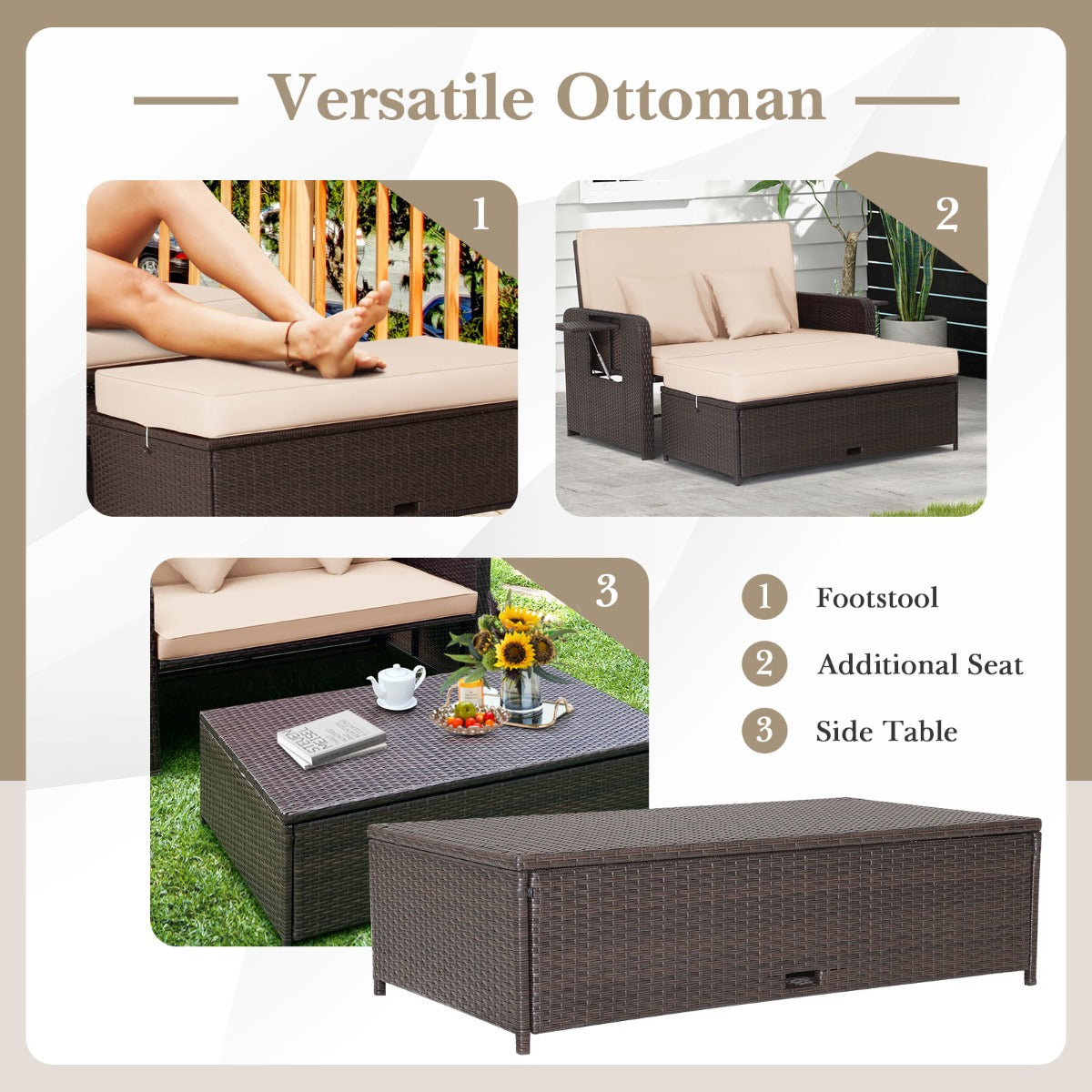 LIVSK 2-delige Loungeset met Verstelbare Rugleuning - Multifunctionele Poef - Uittrekbare Zijtafels - Gemengd Bruin - Beige