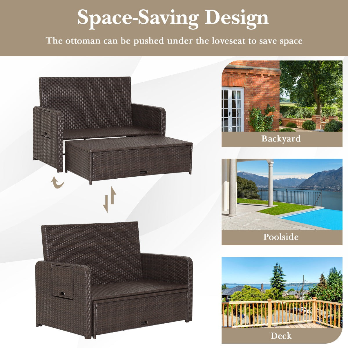 LIVSK 2-delige Loungeset met Verstelbare Rugleuning - Multifunctionele Poef - Uittrekbare Zijtafels - Gemengd Bruin - Beige