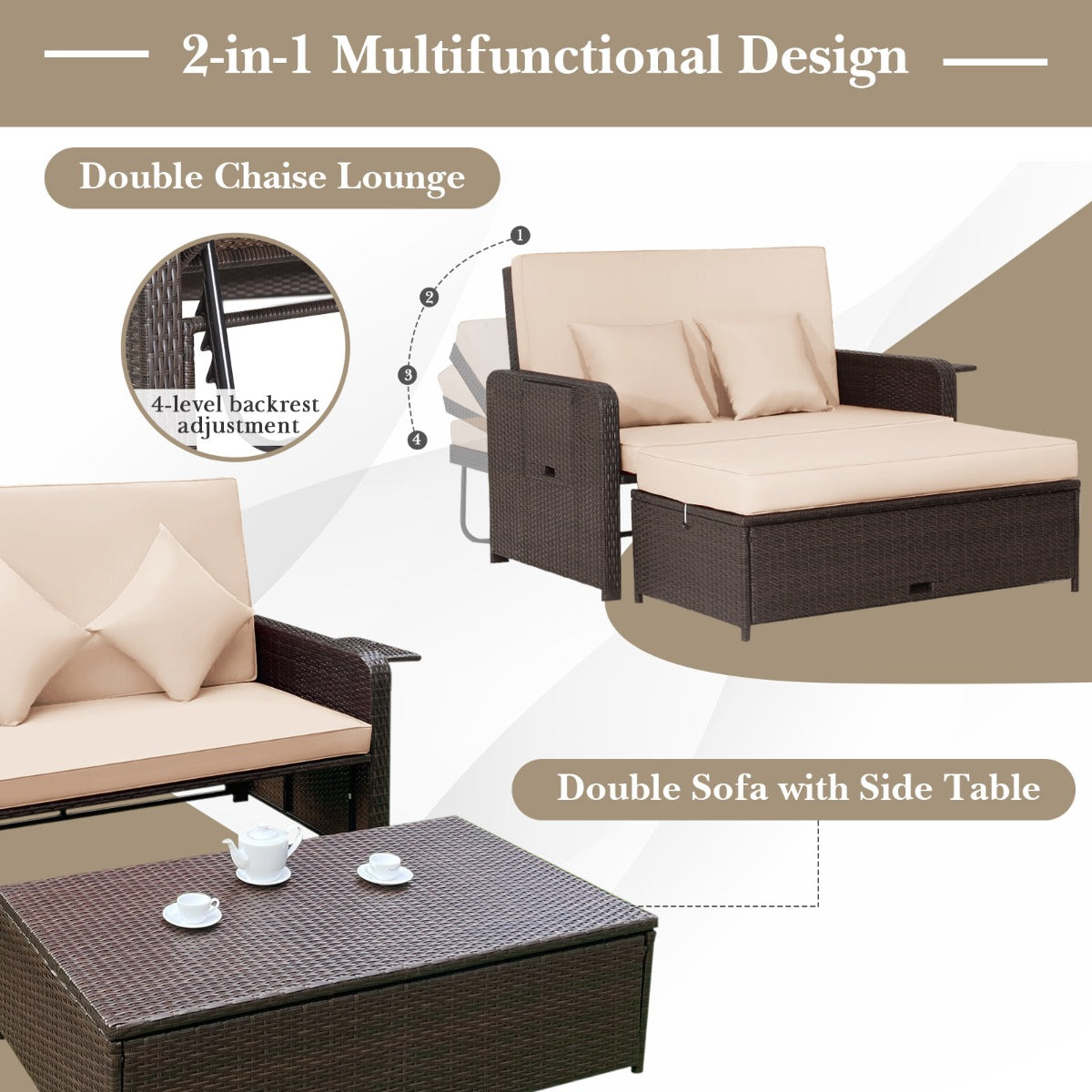 LIVSK 2-delige Loungeset met Verstelbare Rugleuning - Multifunctionele Poef - Uittrekbare Zijtafels - Gemengd Bruin - Beige