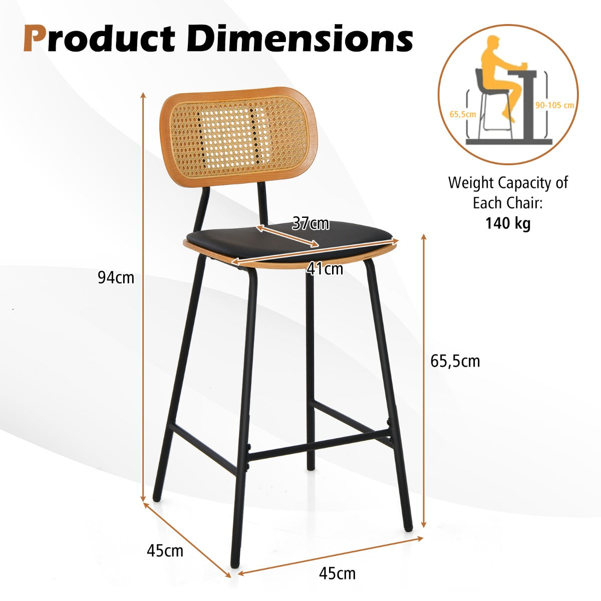 LIVSK Rotan Barkruk Set van 2 - Ergonomisch Design - Waterbestendig PU-leer - Draagvermogen 140 kg - 45 x 45 x 94 cm - Zwart +
