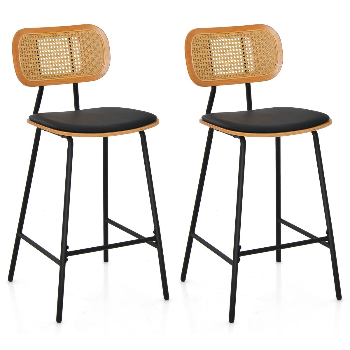 LIVSK Rotan Barkruk Set van 2 - Ergonomisch Design - Waterbestendig PU-leer - Draagvermogen 140 kg - 45 x 45 x 94 cm - Zwart +