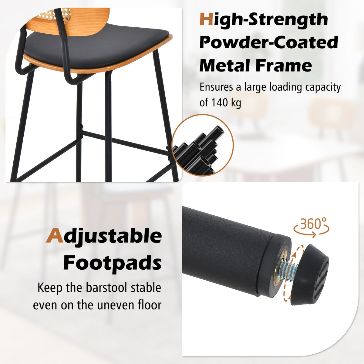 LIVSK Rotan Barkruk Set van 2 - Ergonomisch Design - Waterbestendig PU-leer - Draagvermogen 140 kg - 45 x 45 x 94 cm - Zwart +