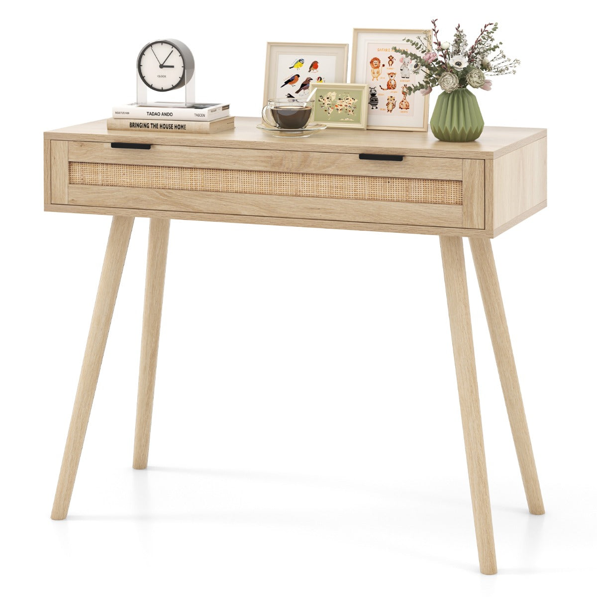 Livsk costway rotan consoletafel met schuiflade haltafel in bohemian stijl houten salontafel kaptafel natuurlijk
