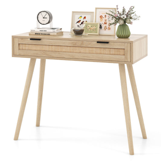 Livsk costway rotan consoletafel met schuiflade haltafel in bohemian stijl houten salontafel kaptafel natuurlijk