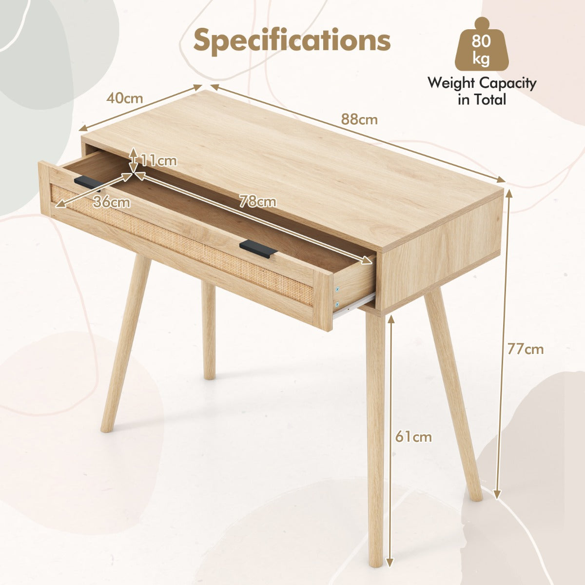 Livsk costway rotan consoletafel met schuiflade haltafel in bohemian stijl houten salontafel kaptafel natuurlijk 2