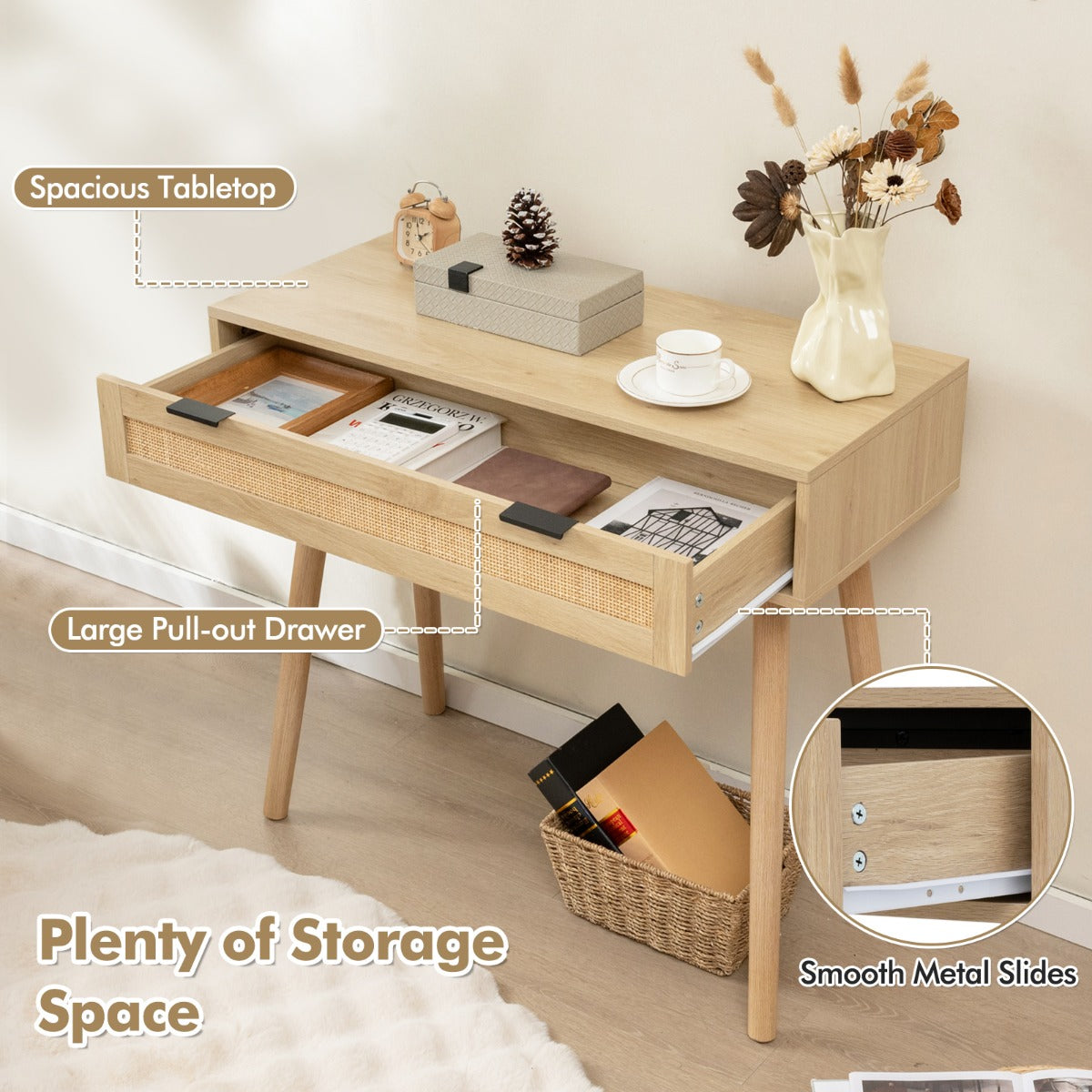 Livsk costway rotan consoletafel met schuiflade haltafel in bohemian stijl houten salontafel kaptafel natuurlijk 3