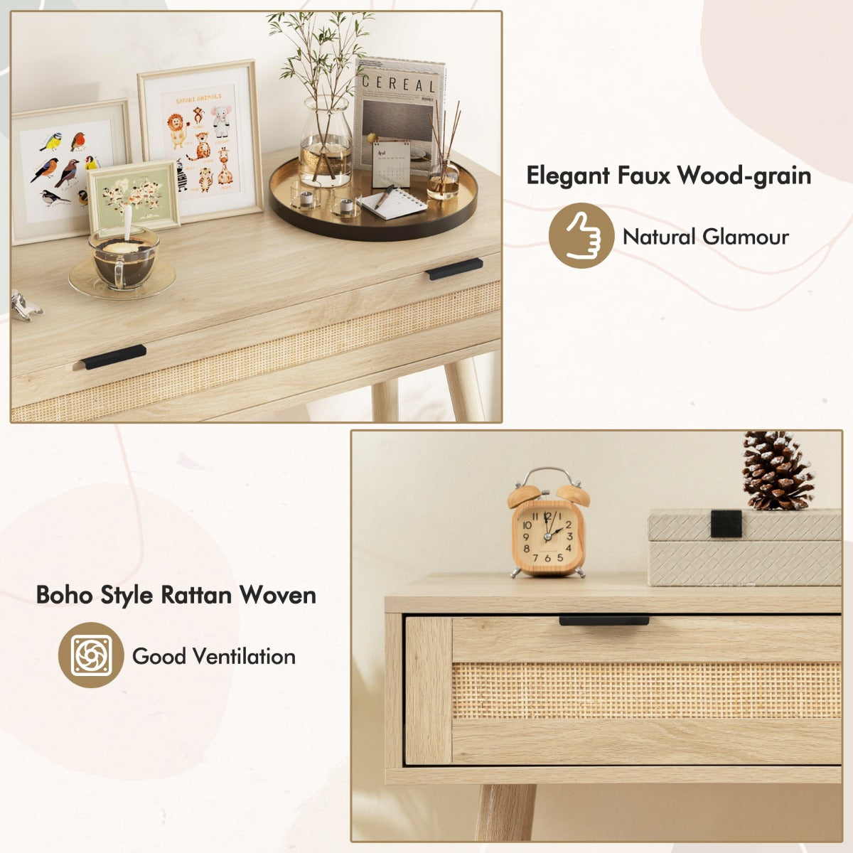 Livsk costway rotan consoletafel met schuiflade haltafel in bohemian stijl houten salontafel kaptafel natuurlijk 4