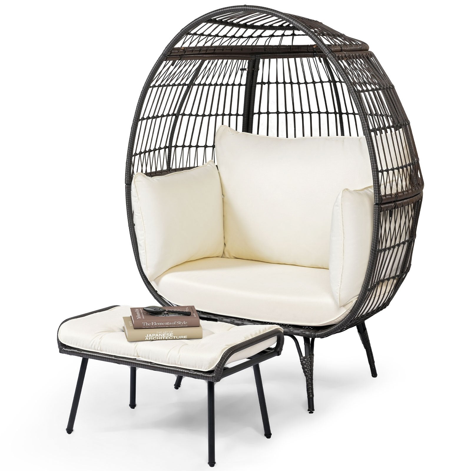 LIVSK Loungestoel en Ottoman Set - Ruim Zitvlak 110 cm - Draagvermogen 205 kg - Duurzaam PE-rattan - Off-white Kussens - Mix bruin