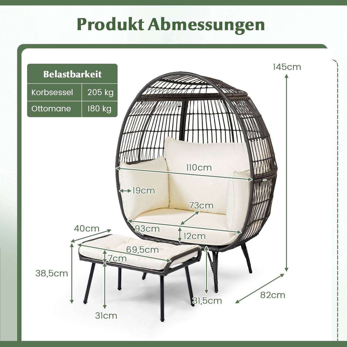 LIVSK Loungestoel en Ottoman Set - Ruim Zitvlak 110 cm - Draagvermogen 205 kg - Duurzaam PE-rattan - Off-white Kussens - Mix bruin