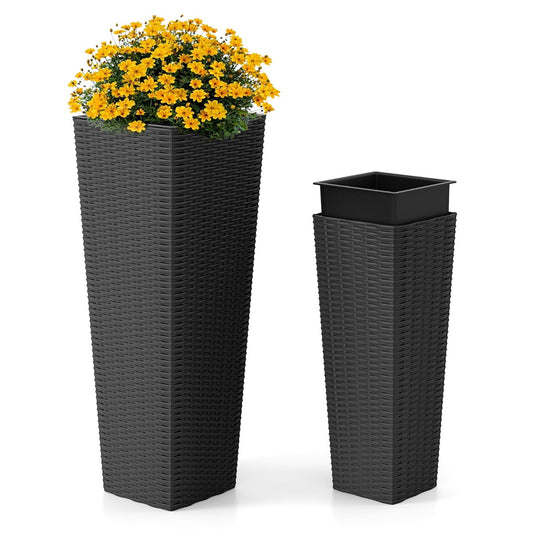 LIVSK Set van 2 Rieten Plantenbakken - Stapelbaar met Uitneembare Binnenpot - Weerbestendig - Voor Binnen en Buiten - Zwart