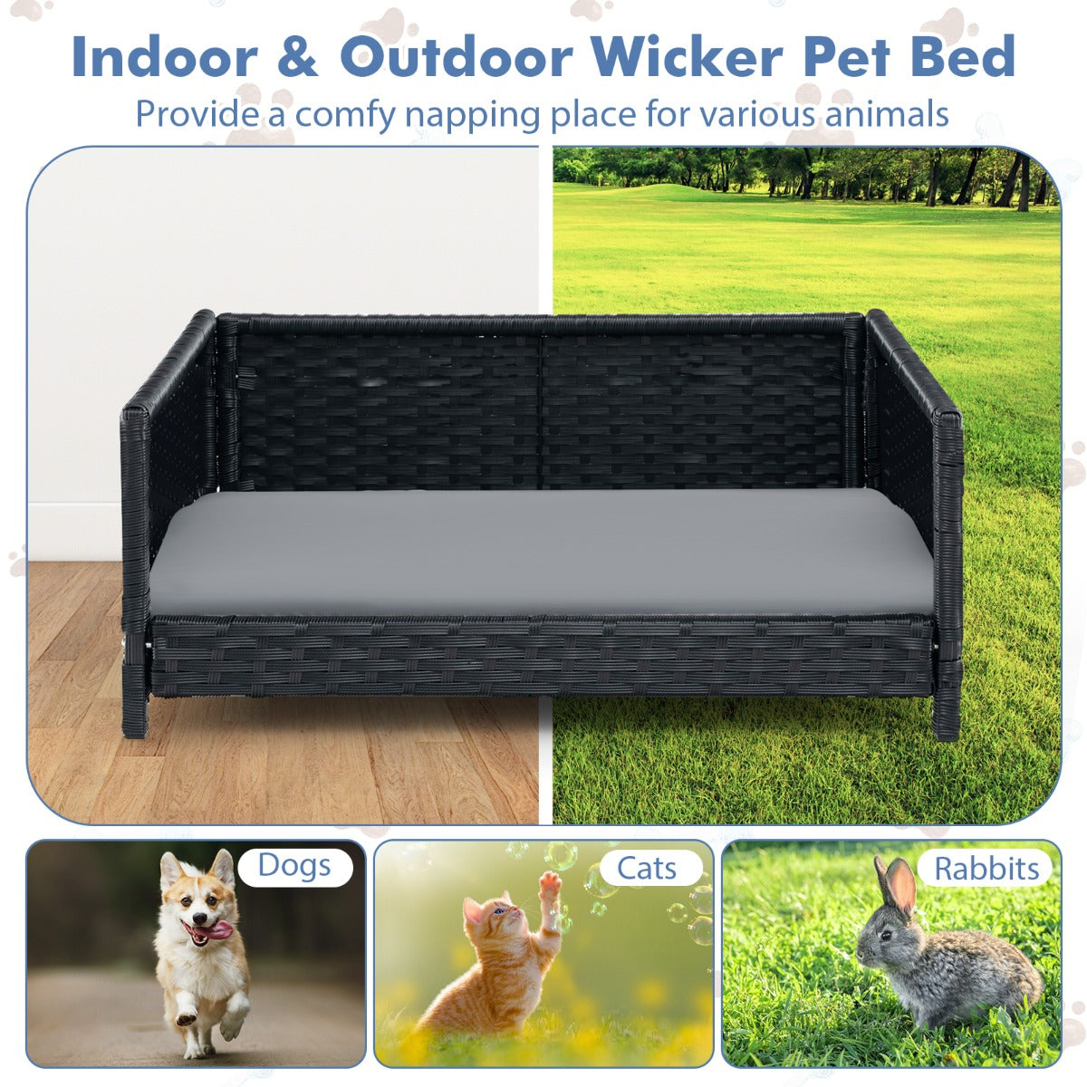 LIVSK Rieten Hondenbed - Waterdicht en Afneembaar Kussen - Geschikt voor Kleine en Middelgrote Honden - 62 x 46 x 25 cm - Grijs
