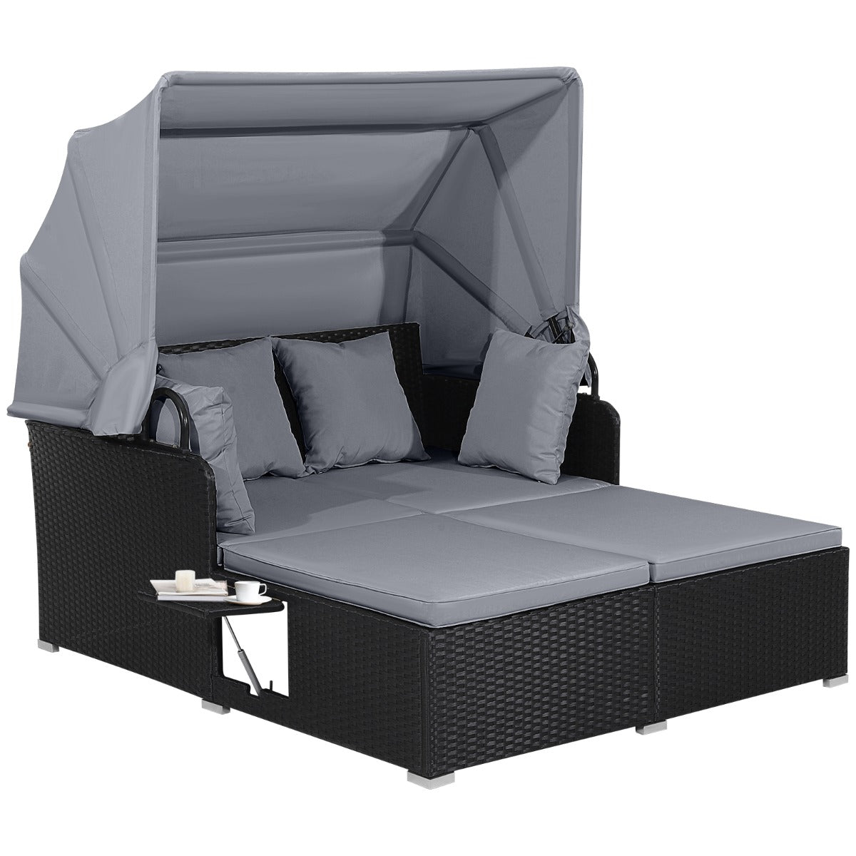 Livsk costway rotan ligstoel voor 2 personen tuinligstoel met dak uitklapbare zijtafels tweepersoons ligbed loungebed voor tuin terras grijs 1