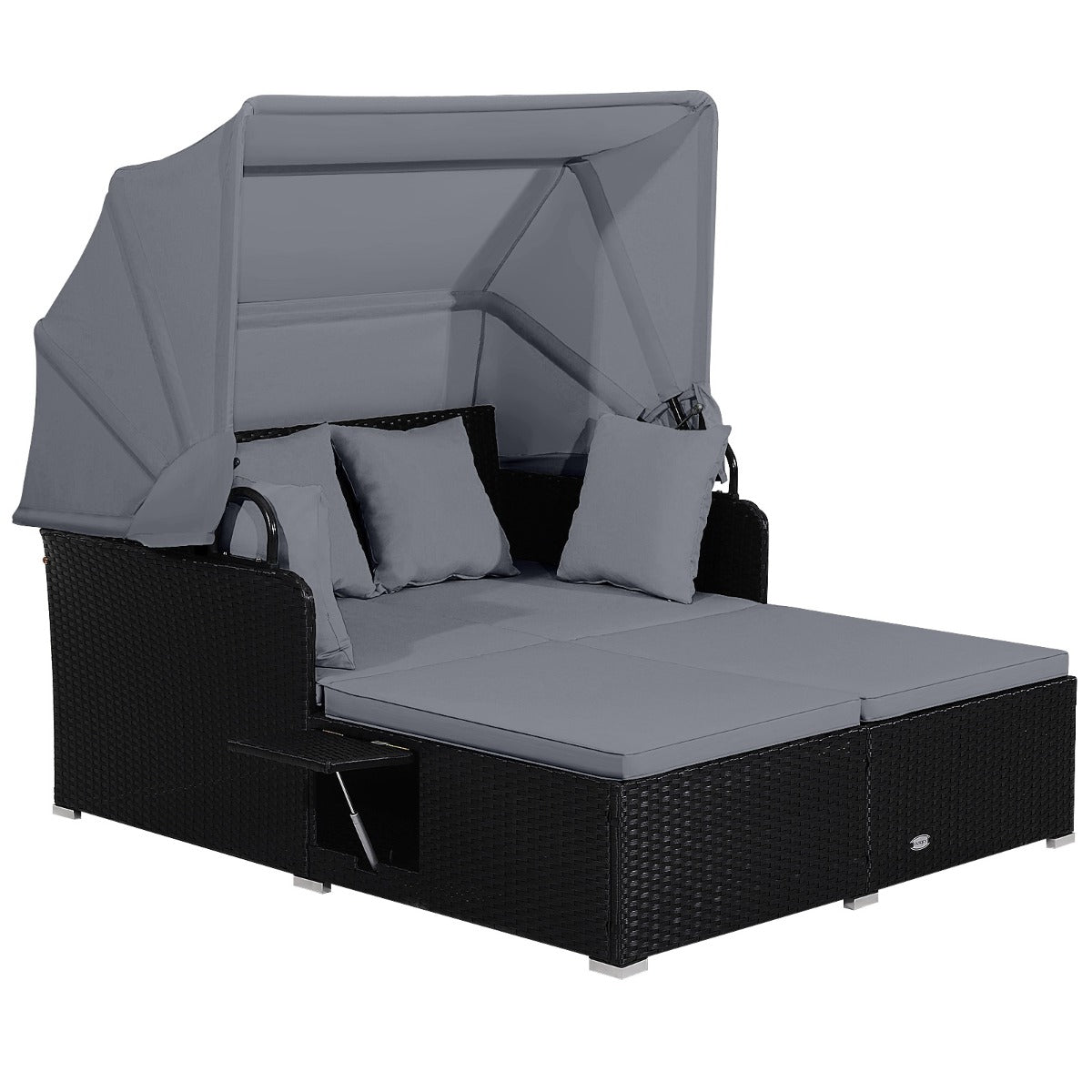 Livsk costway rotan ligstoel voor 2 personen tuinligstoel met dak uitklapbare zijtafels tweepersoons ligbed loungebed voor tuin terras grijs