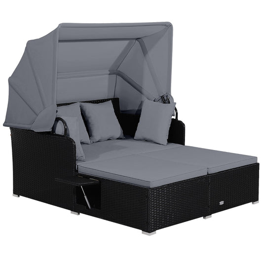 Livsk costway rotan ligstoel voor 2 personen tuinligstoel met dak uitklapbare zijtafels tweepersoons ligbed loungebed voor tuin terras grijs