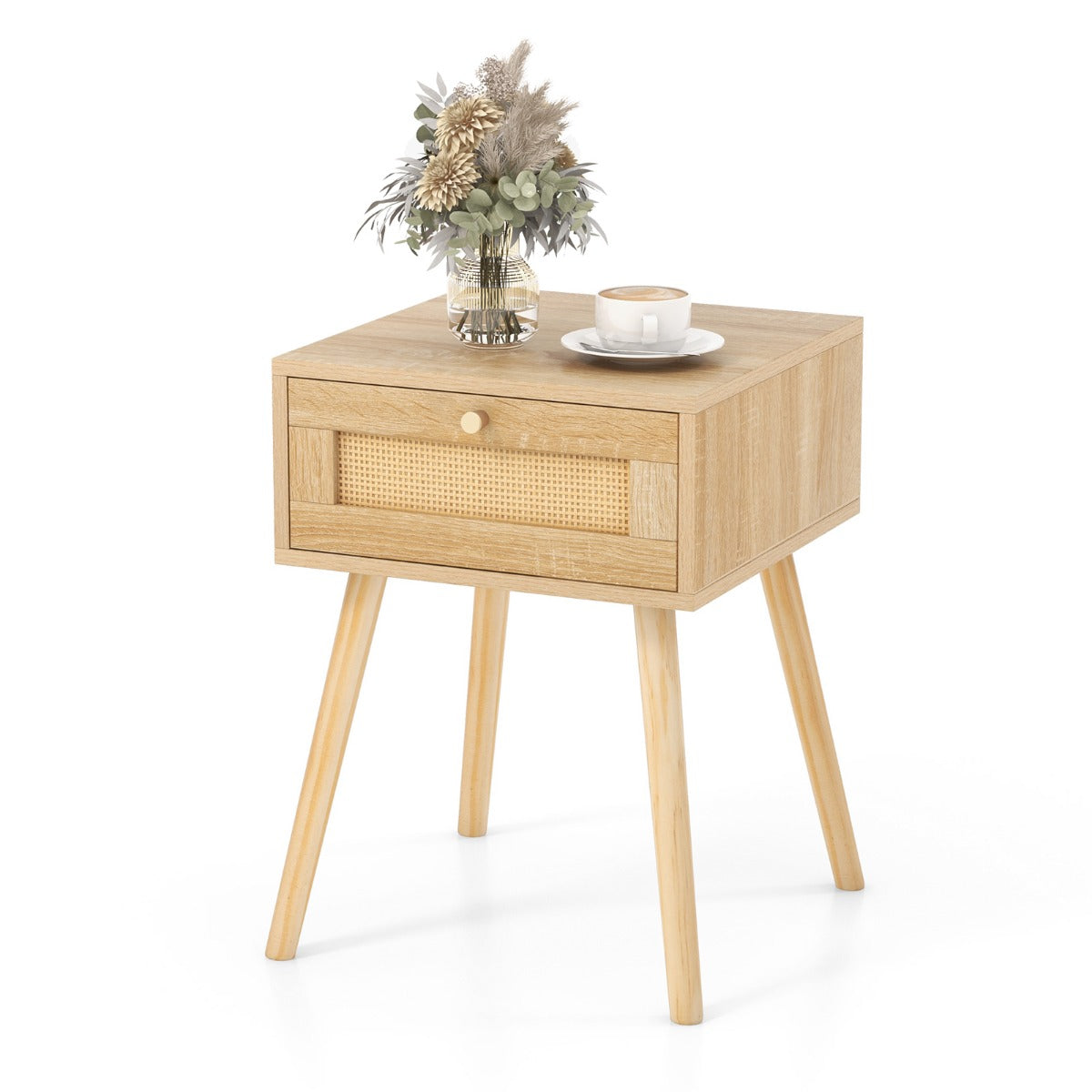 LIVSK Boho Nachtkastje - Handgeweven Rotan - Uittrekbare Lade - Conische Houten Poten - Voor Slaapkamer - Natuur