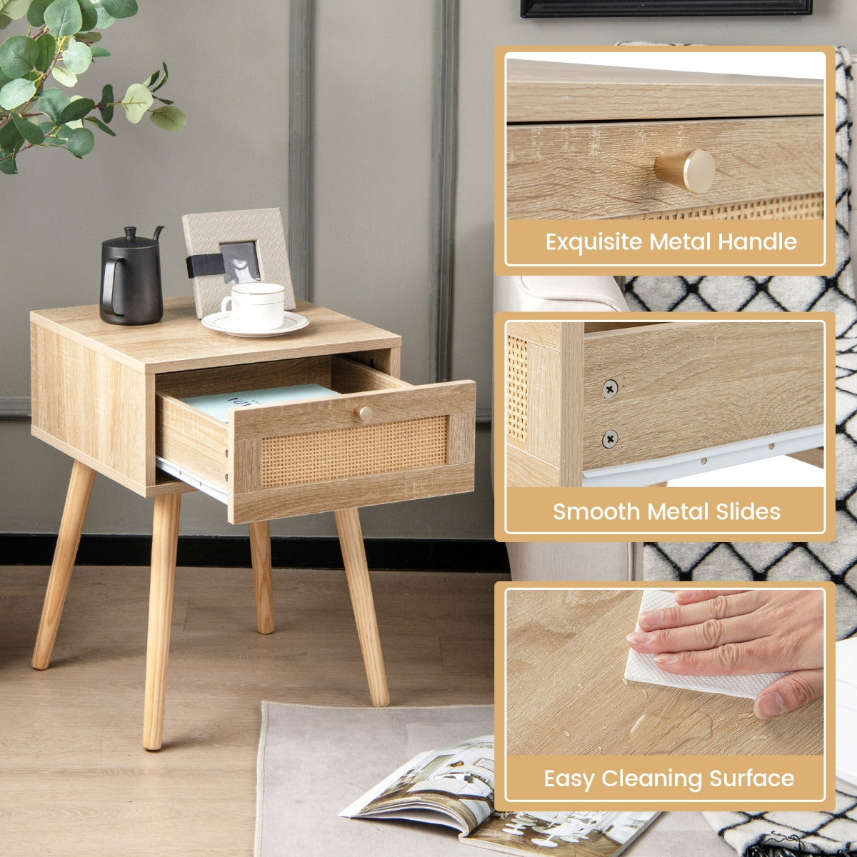 LIVSK Boho Nachtkastje - Handgeweven Rotan - Uittrekbare Lade - Conische Houten Poten - Voor Slaapkamer - Natuur