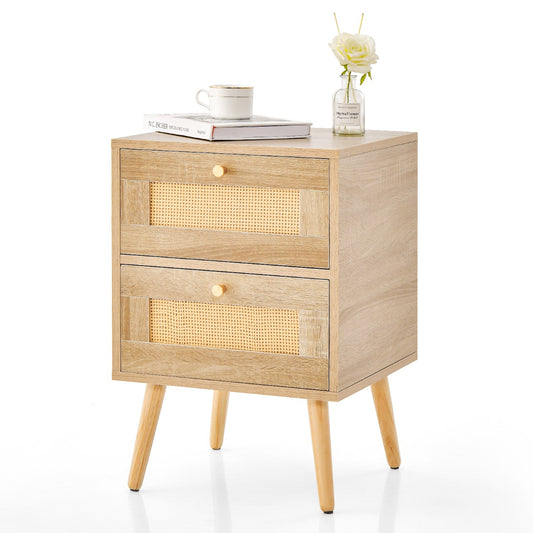 LIVSK Rotan Nachtkastje - 2 Lades - Massief Houten Poten - Bohemien Elegantie - 40 x 40 x 59 cm - Natuurlijk