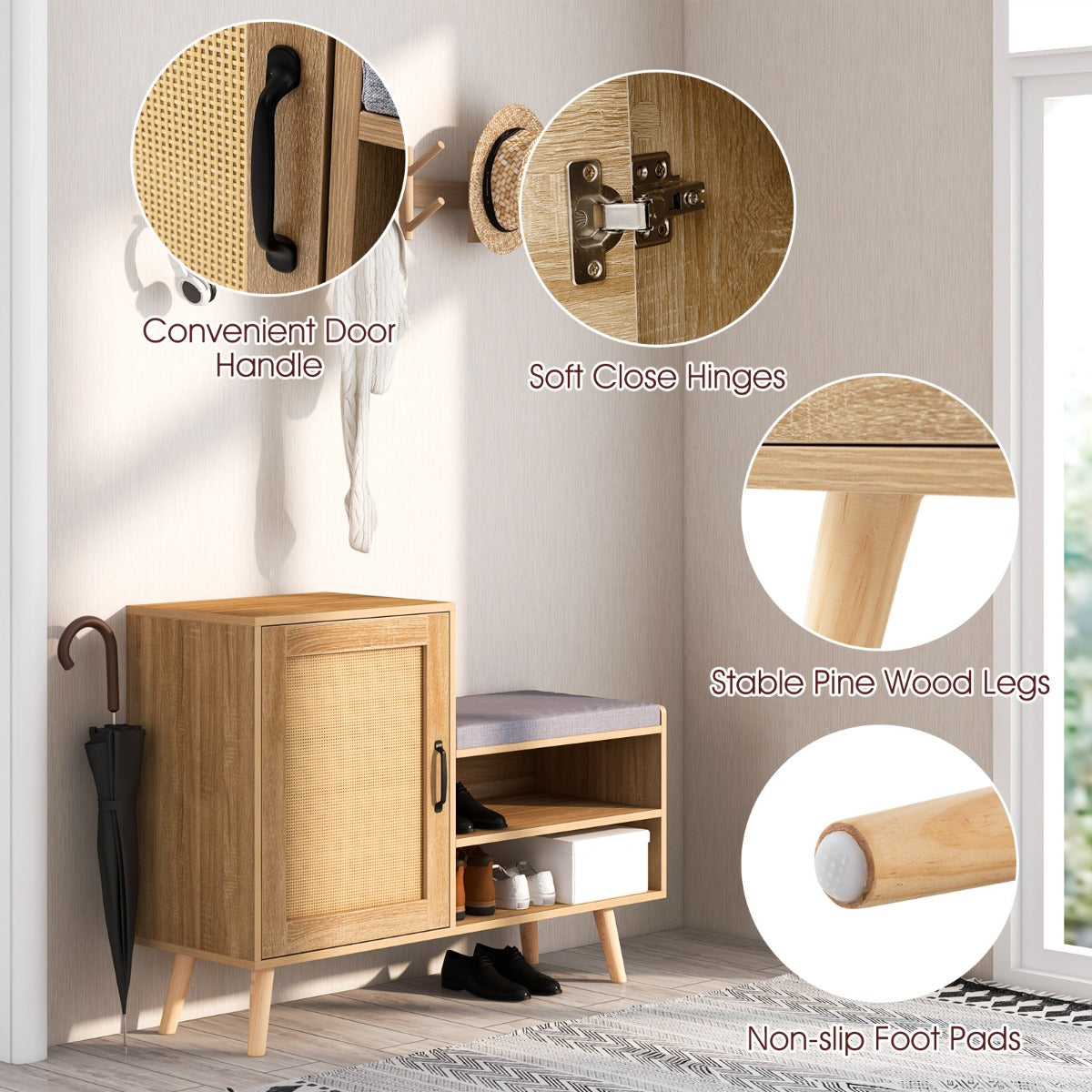 LIVSK 2-in-1 Schoenenkast met Bankje - Verstelbare Planken - Gewatteerd Kussen - Max 160 kg - 105 x 35 x 76 cm - Natuurlijk