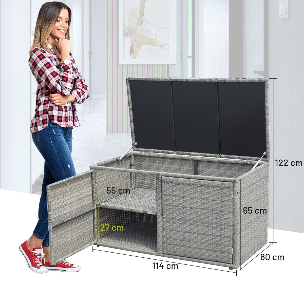 LIVSK Weerbestendige Tuinkist - 335L Opbergbox met 2 Planken - Stalen Frame - Modern Design - Eenvoudige Montage - Grijs