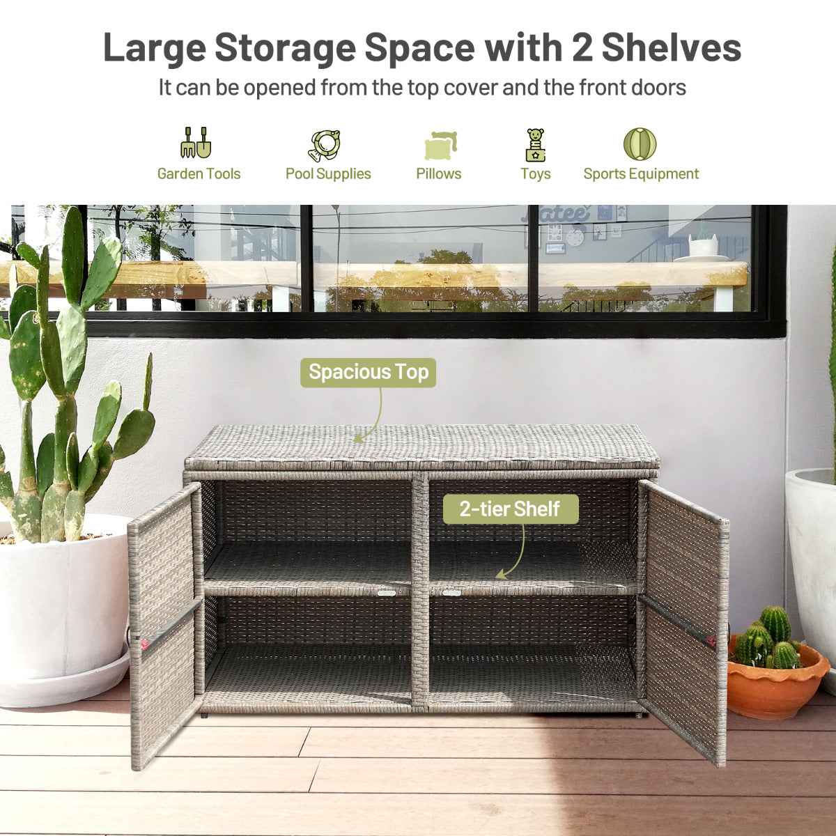 LIVSK Weerbestendige Tuinkist - 335L Opbergbox met 2 Planken - Stalen Frame - Modern Design - Eenvoudige Montage - Grijs