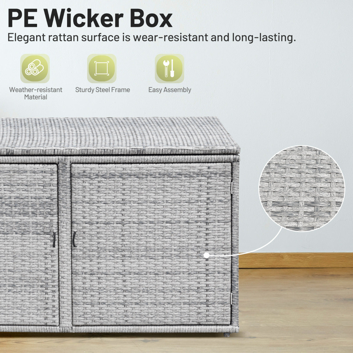 LIVSK Weerbestendige Tuinkist - 335L Opbergbox met 2 Planken - Stalen Frame - Modern Design - Eenvoudige Montage - Grijs