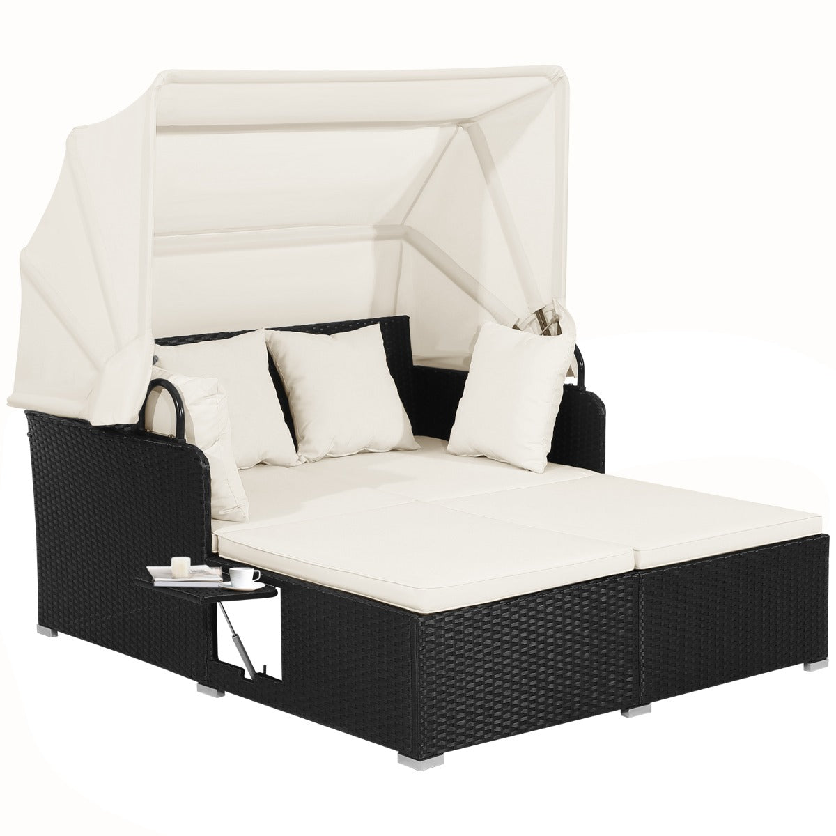 LIVSK Rotan Daybed - Luxe Loungen met Intrekbare Luifel - Opklapbare Dienbladen - Stevig Metaal - 165 x 153 x 138 cm - Zwart/Wit