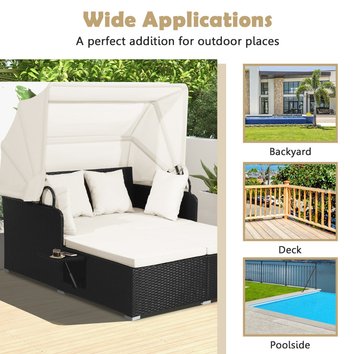 LIVSK Rotan Daybed - Luxe Loungen met Intrekbare Luifel - Opklapbare Dienbladen - Stevig Metaal - 165 x 153 x 138 cm - Zwart/Wit