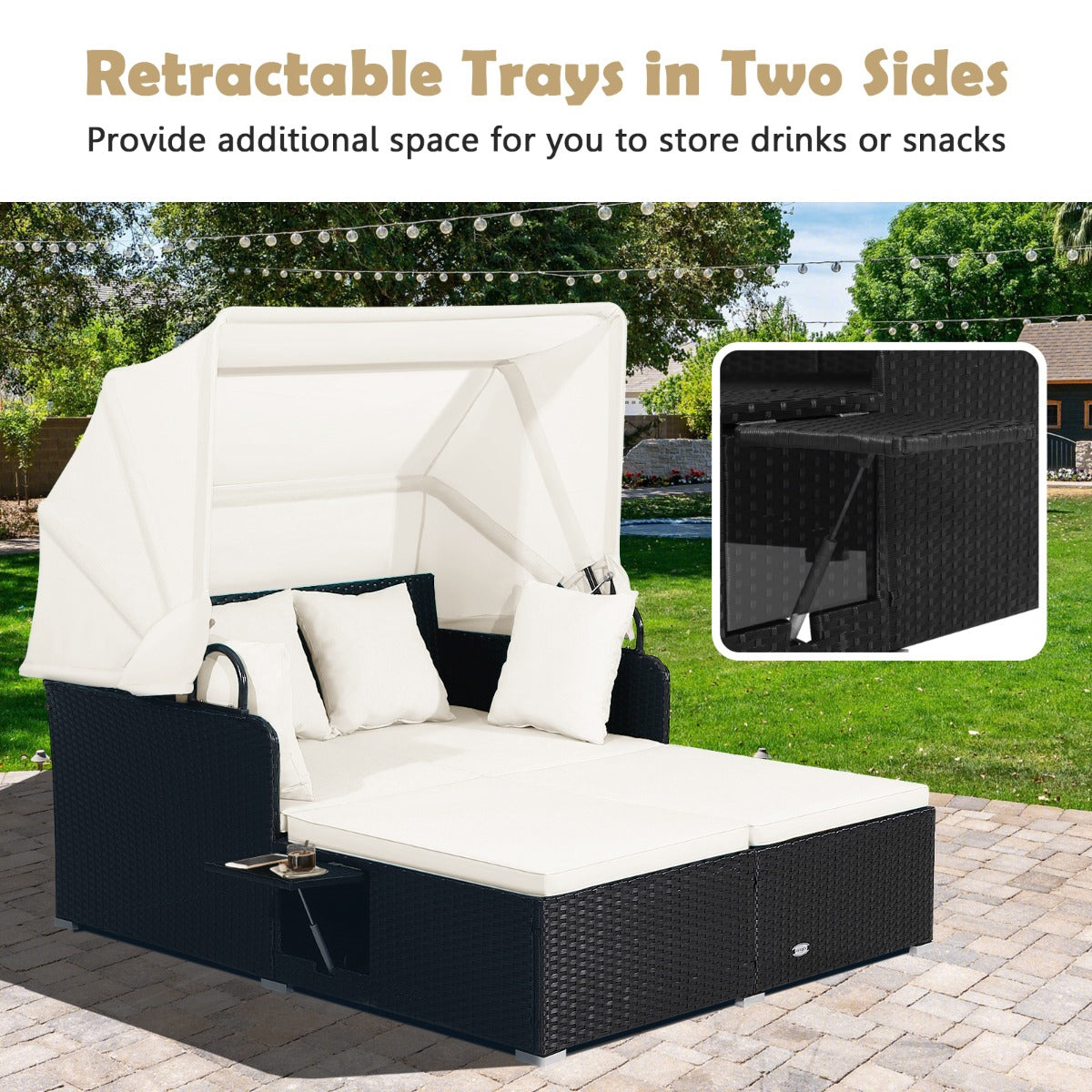 LIVSK Rotan Daybed - Luxe Loungen met Intrekbare Luifel - Opklapbare Dienbladen - Stevig Metaal - 165 x 153 x 138 cm - Zwart/Wit
