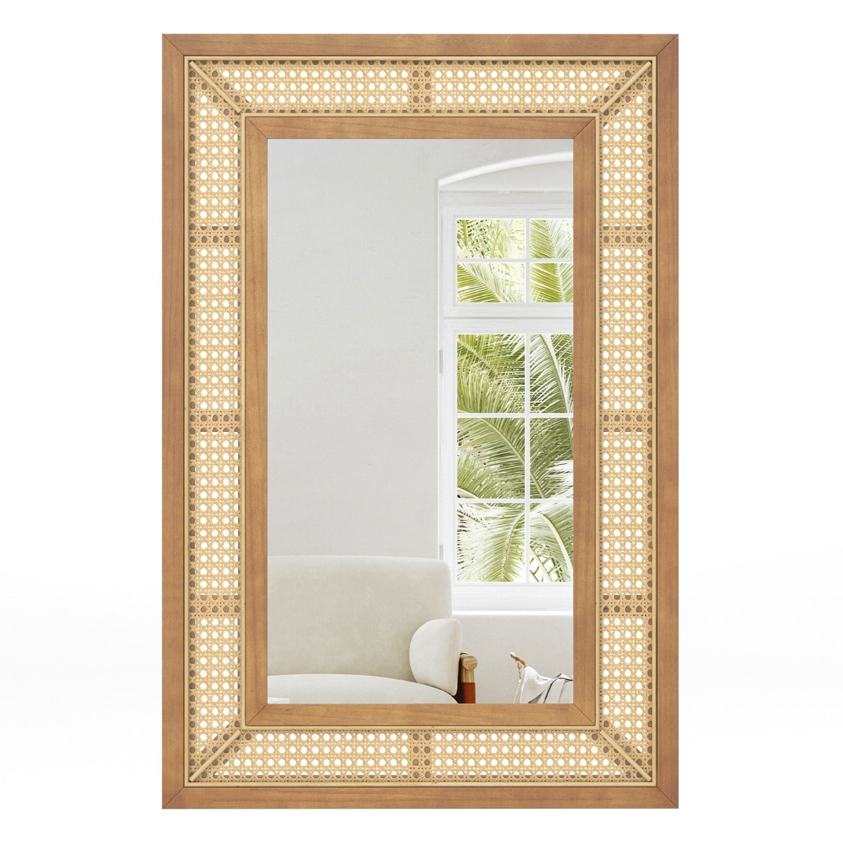 LIVSK Rotan Wandspiegel - Boho-Design - Houten Frame - 90 x 60 cm - HD-Aluminiumspiegel - Natuurlijk