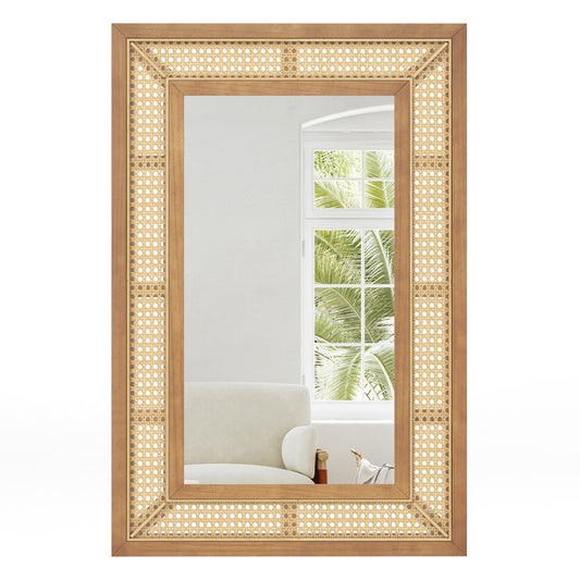 LIVSK Rotan Wandspiegel - Boho-Design - Houten Frame - 90 x 60 cm - HD-Aluminiumspiegel - Natuurlijk