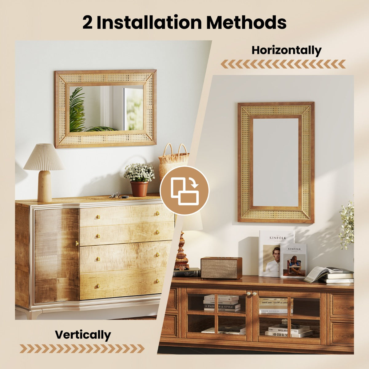 LIVSK Rotan Wandspiegel - Boho-Design - Houten Frame - 90 x 60 cm - HD-Aluminiumspiegel - Natuurlijk