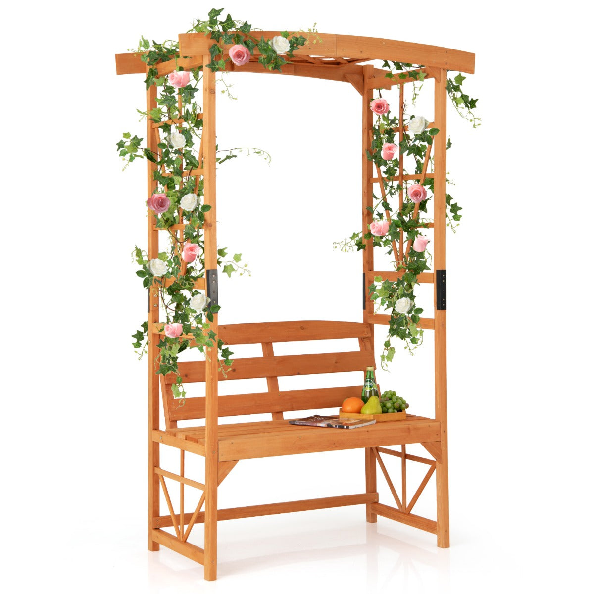 LIVSK Patio Tuinbankboog met Bank - Voor 2 Personen - Duurzaam Sparrenhout - Ruimte voor Klimplanten - 120 x 58 x 189 cm - Naturel