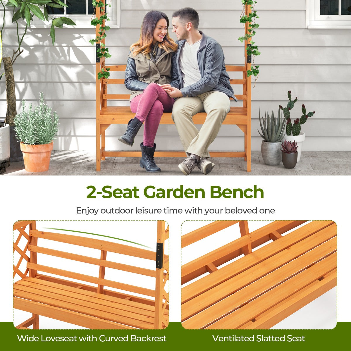 LIVSK Patio Tuinbankboog - 2-in-1 Zitbank en Klimboog - Duurzaam Sparrenhout - Voor 2 Personen - 160 x 50 x 199 cm - Natuurlijk