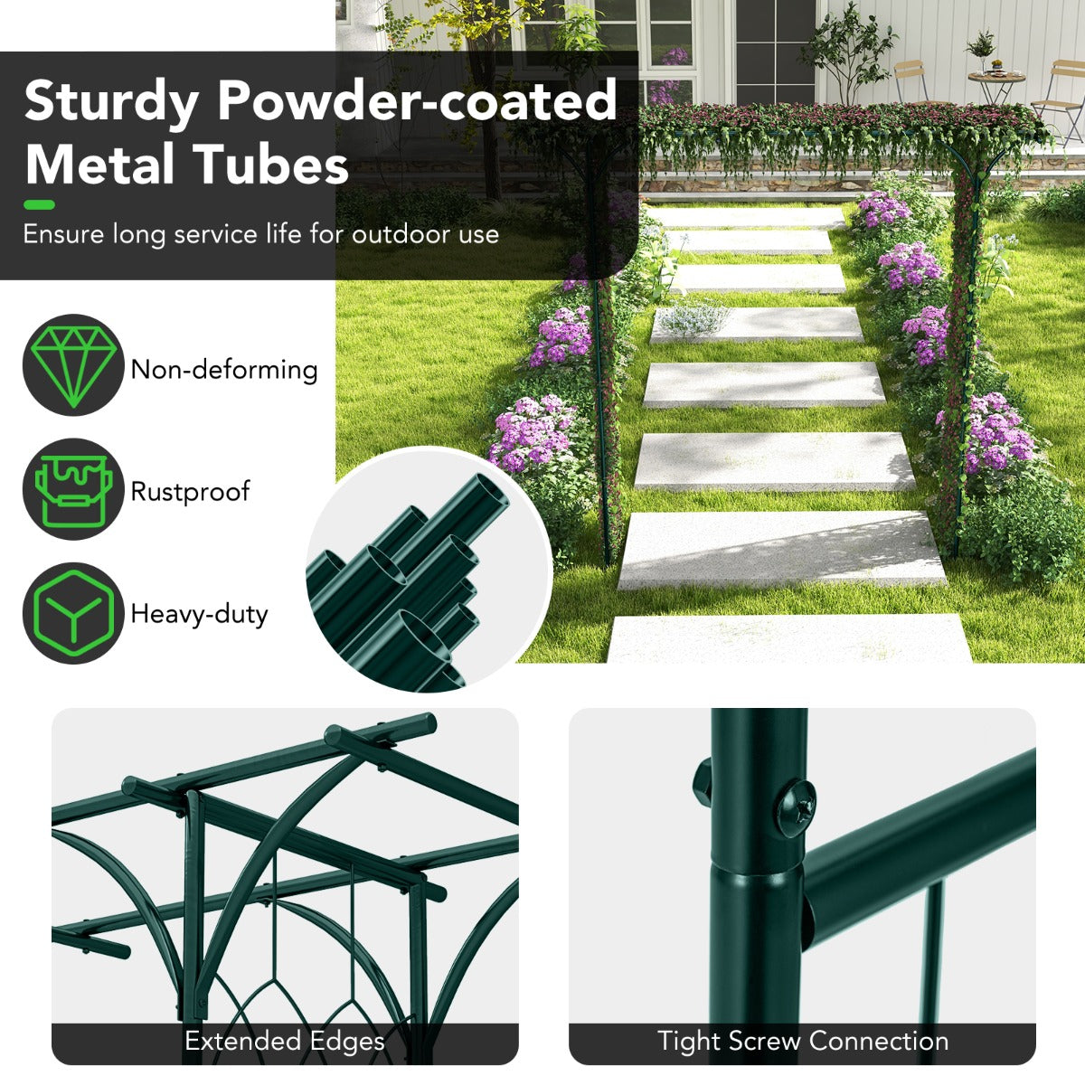 LIVSK Metalen Tuinboog - Weerbestendig en Roestvrij - Eenvoudig te Monteren - Veelzijdig Versierbaar - 205 x 52 x 205 cm - Groen