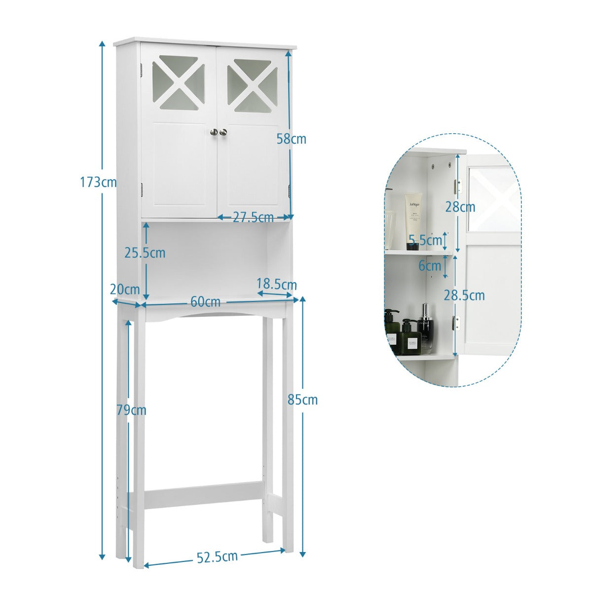LIVSK Opbergkast voor Boven het Toilet - Dubbele Deur - Verstelbare Plank - Stevig Frame - Badkamer & Wasruimte - Wit