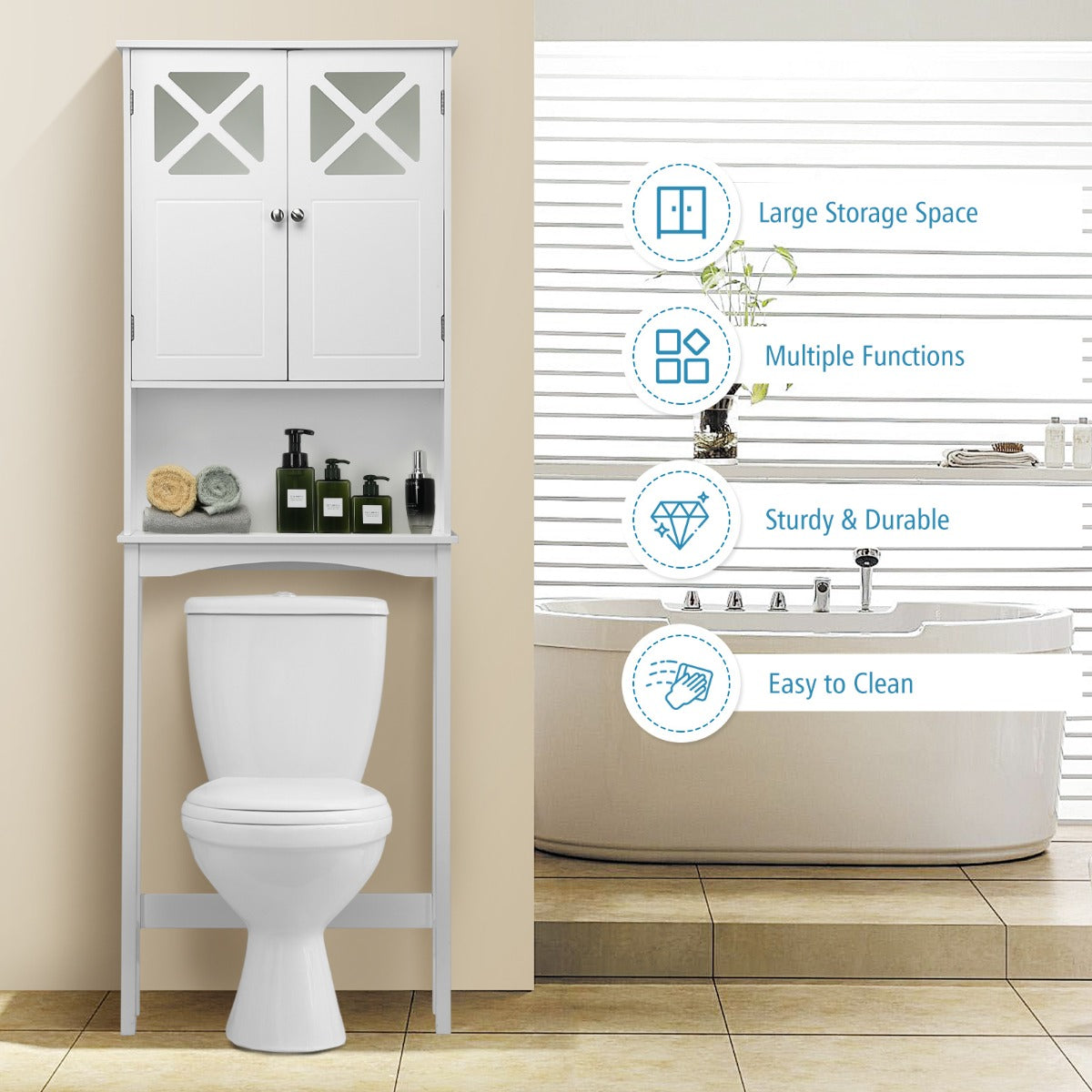 LIVSK Opbergkast voor Boven het Toilet - Dubbele Deur - Verstelbare Plank - Stevig Frame - Badkamer & Wasruimte - Wit