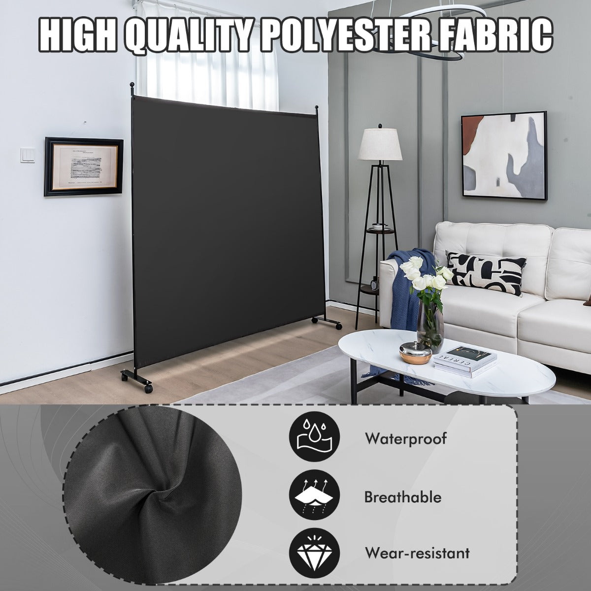 LIVSK Opvouwbare Ruimteverdeler - Inkijkbescherming - Hoogwaardige Polyester - Vergrendelbare Wielen - 184 x 30 x 184 cm - Zwart
