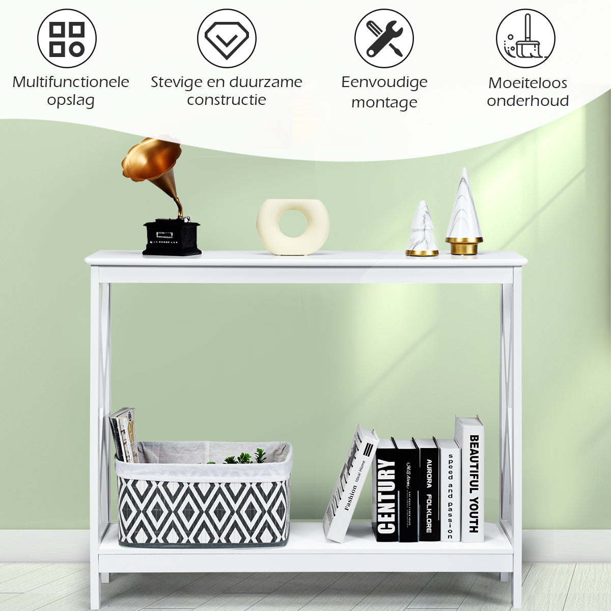 LIVSK Elegante Consoletafel - Hoogwaardig MDF met X-structuur - Ruim Tafelblad en Open Plank - Multifunctioneel - Wit