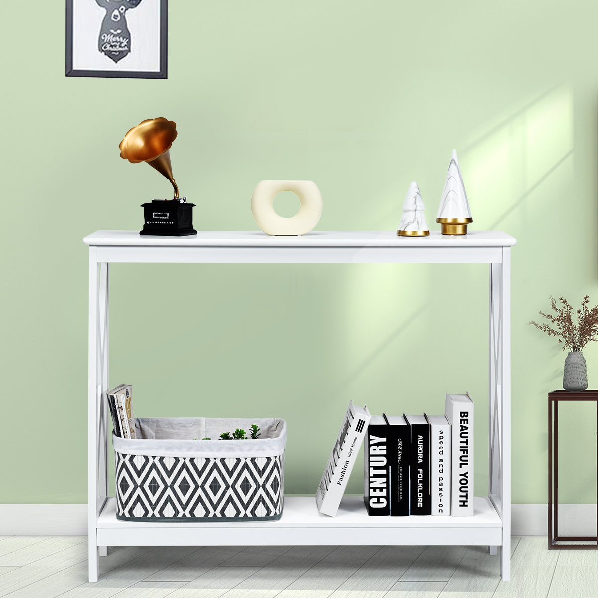 LIVSK Elegante Consoletafel - Hoogwaardig MDF met X-structuur - Ruim Tafelblad en Open Plank - Multifunctioneel - Wit