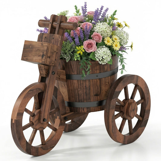 Livsk costway rustieke houten driewieler plantenbak bloemenwagen in tonvorm met afwateringsgat en opbergbox voor groenten en kruiden