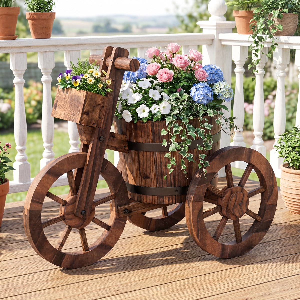 Livsk costway rustieke houten driewieler plantenbak bloemenwagen in tonvorm met afwateringsgat en opbergbox voor groenten en kruiden 6