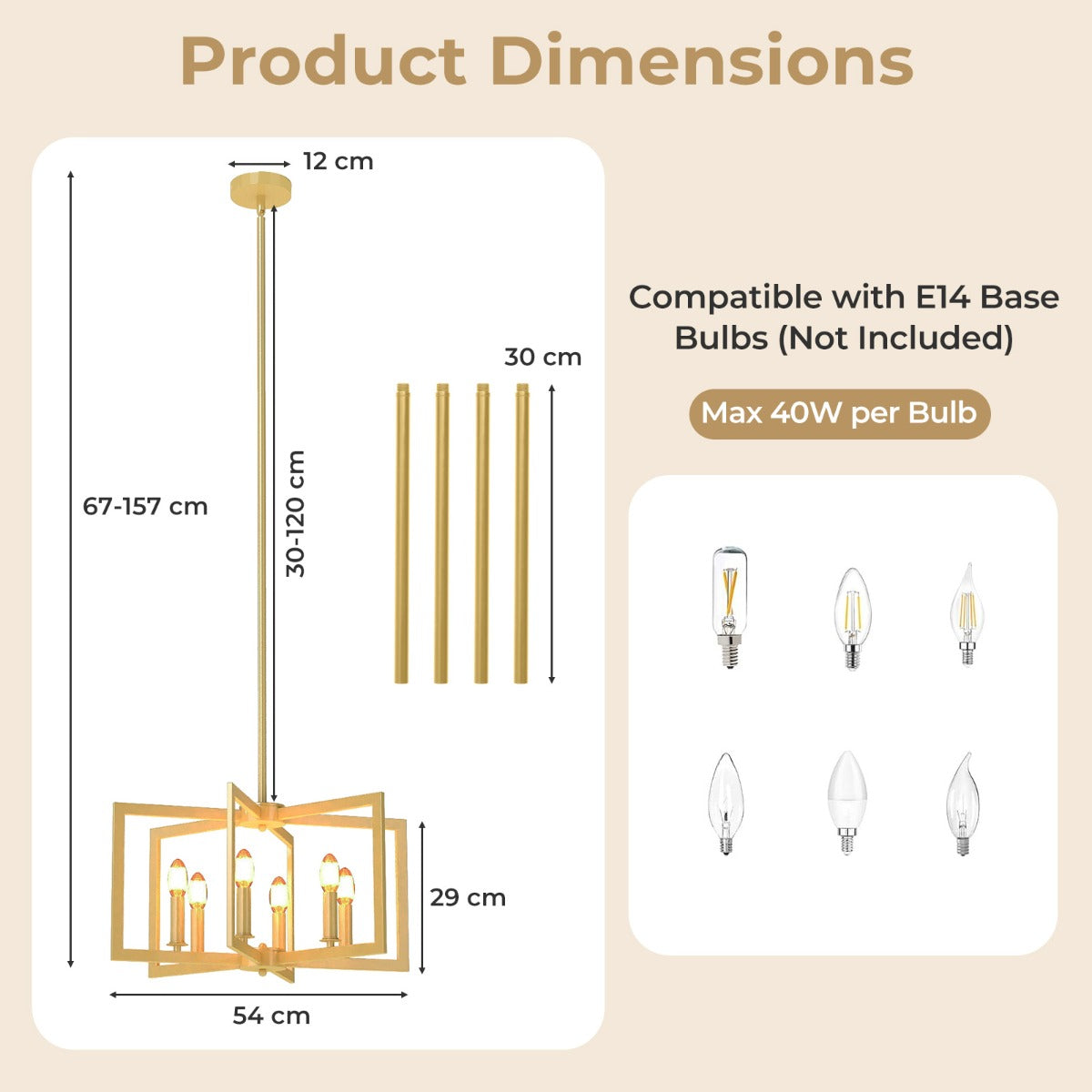 Livsk costway rustieke kroonluchter met 6 lampen geometrische hanglamp met verstelbare hoogte goud 1 1